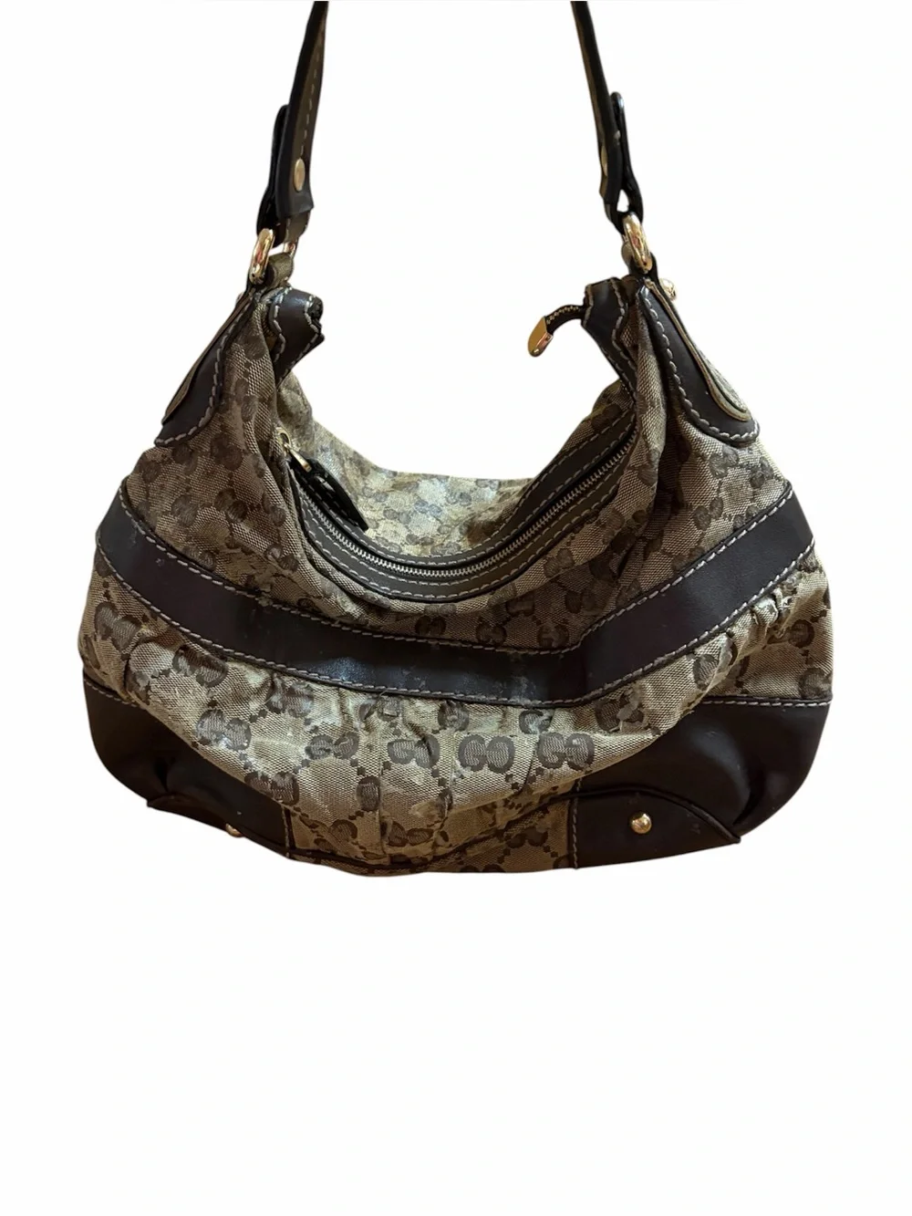 Gucci Brown GG Monogram Canvas Hobo with Dark Brown Leather Trim
